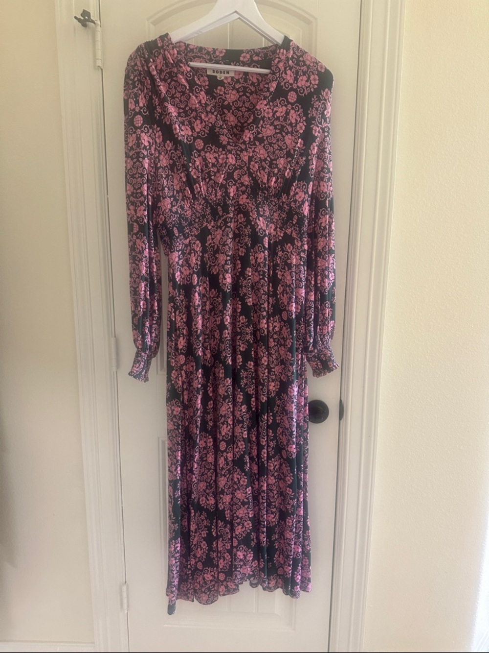 Boden Pink and Green Midi Dress with Pink Floral Print Size 10